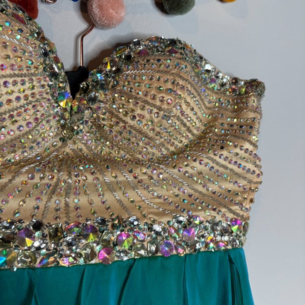 Sherry Hill strapless embellished formal dress Style 1928 in Teal - Picture 4 of 5